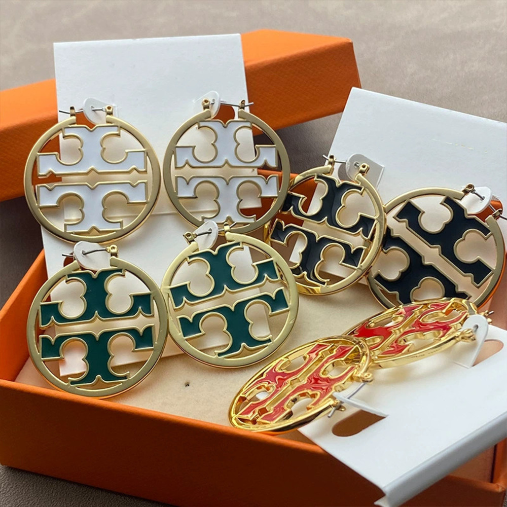 Tory Burch Round Hollow Letter Enamel Metal Earrings